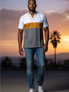 African Men's V-Neck Short Sleeve Shirt in White, Mustard & Gray
